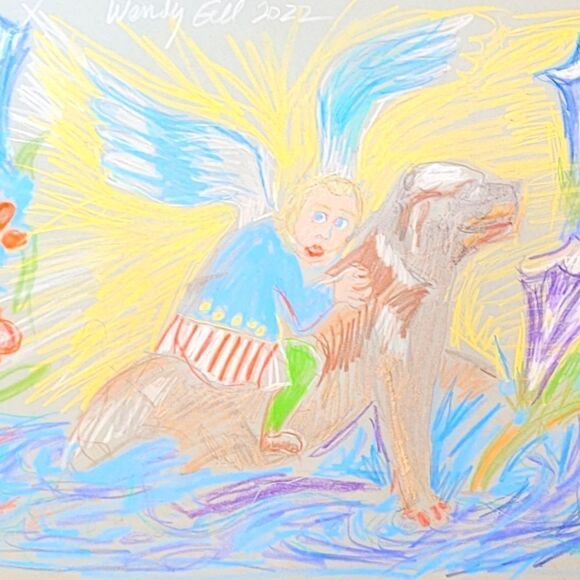 Wendy Gell Art, Drawing Rescue Dog saves Angel from Drowning.
